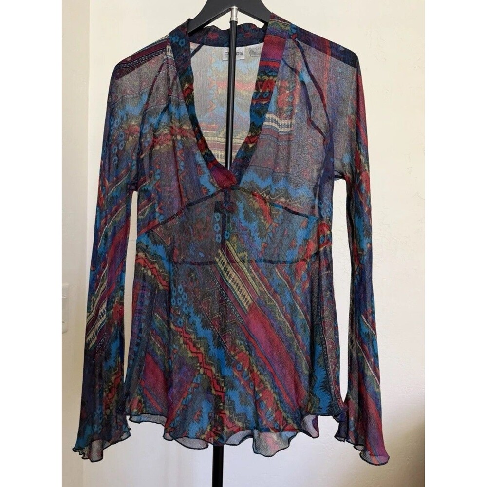 Chico’s Women’s M 100% Silk Sheer Chiffon Aztec Boho Patchwork V-Neck Blouse Top